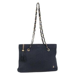 Authentic BALLY Quilted Chain Shoulder Bag Leather Navy Gold